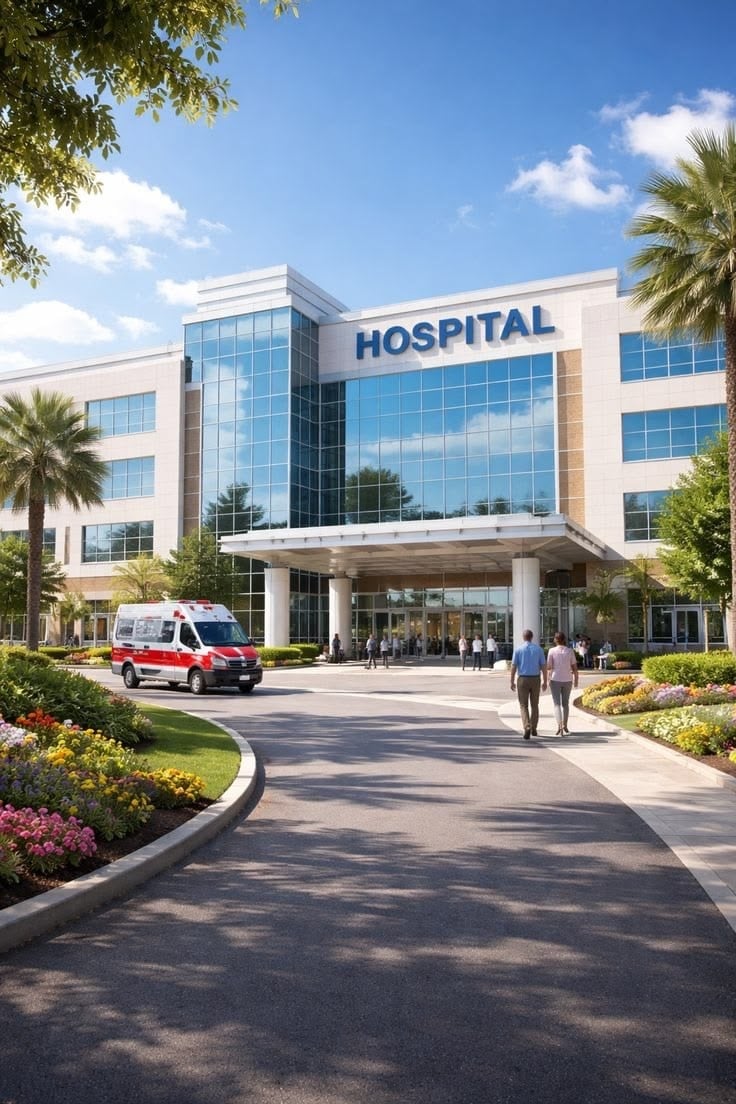 A hospital seen from its approach road, the entrance canopy ahead and planting either side of the drive