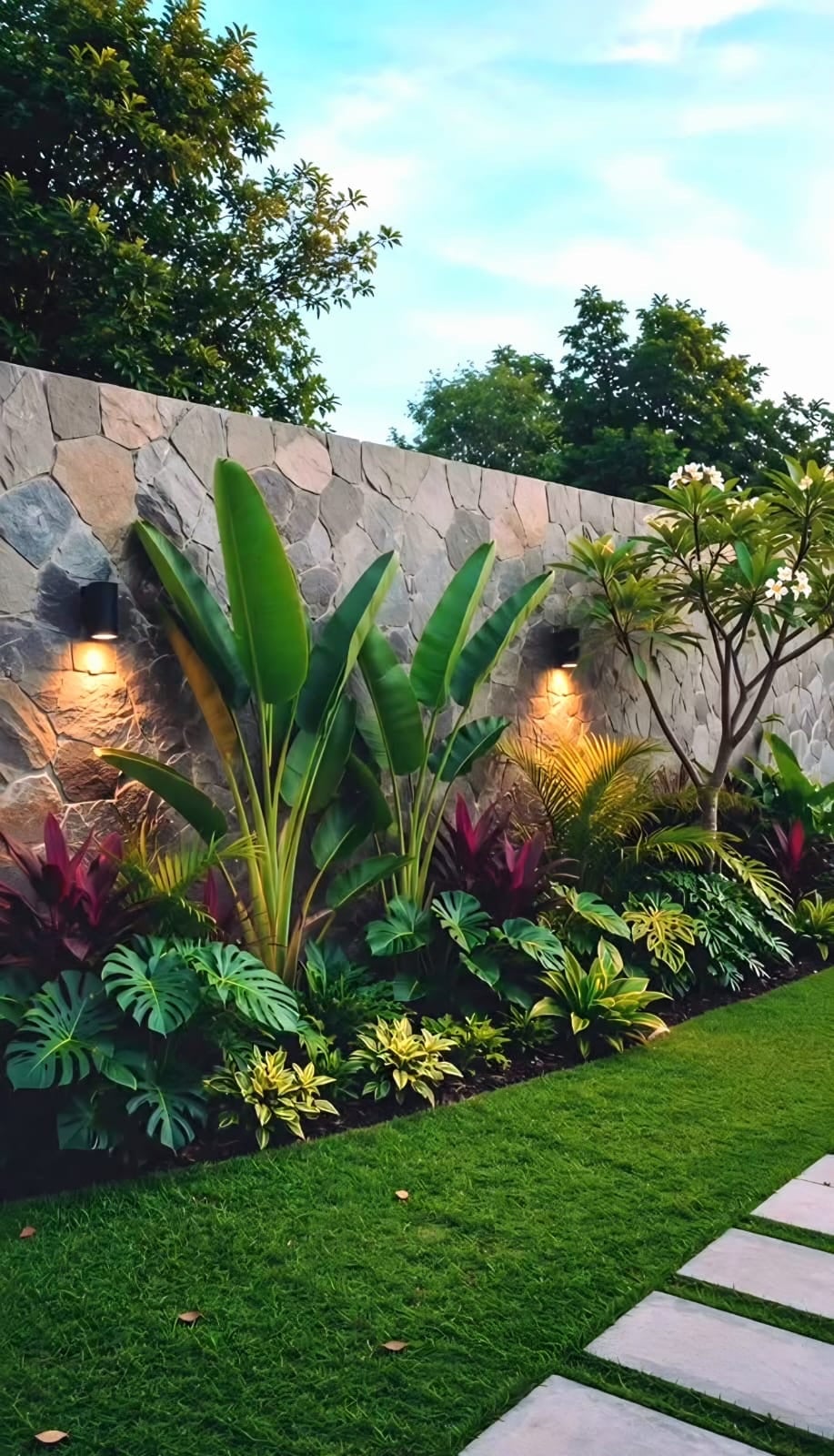 A finished garden: beds of broad-leaved planting in bloom with frangipani above them, mown lawn and paving alongside