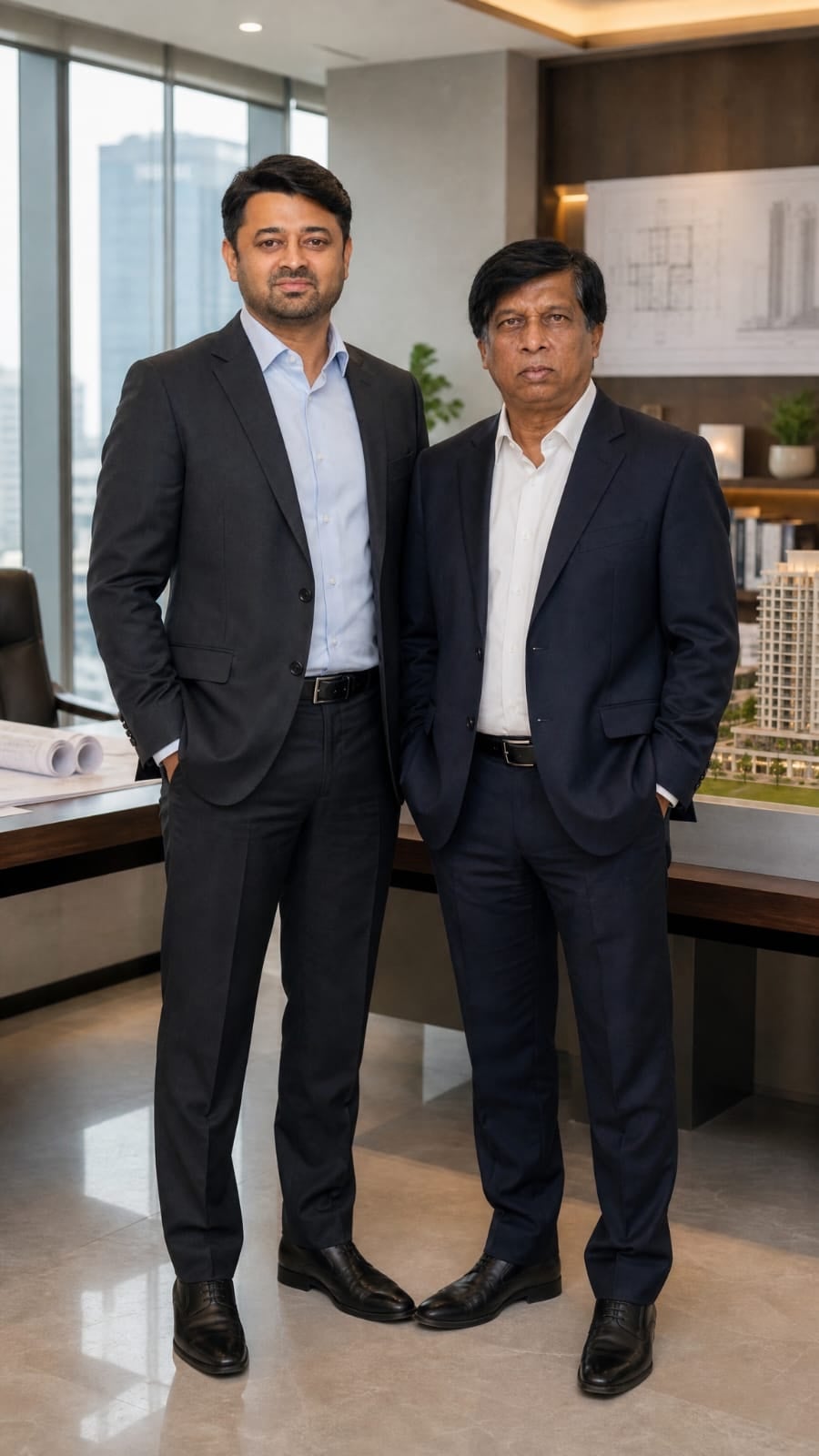 Two men in dark suits standing in an office in front of a scale model of a residential tower, rolled drawings on the desk beside them and the city through the windows behind