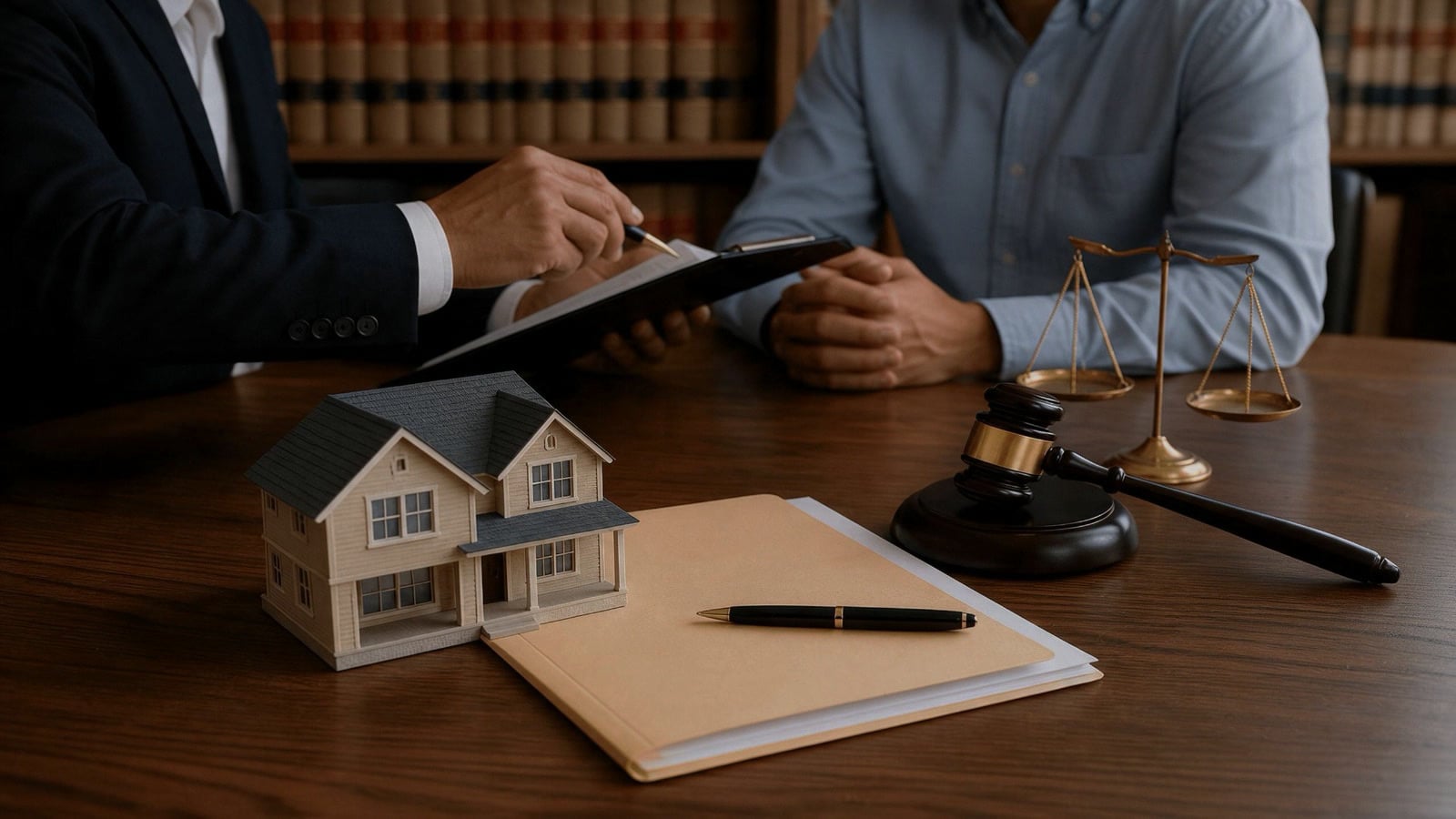 Property papers being read across a desk: a folder and pen, a model house, a gavel and a set of scales