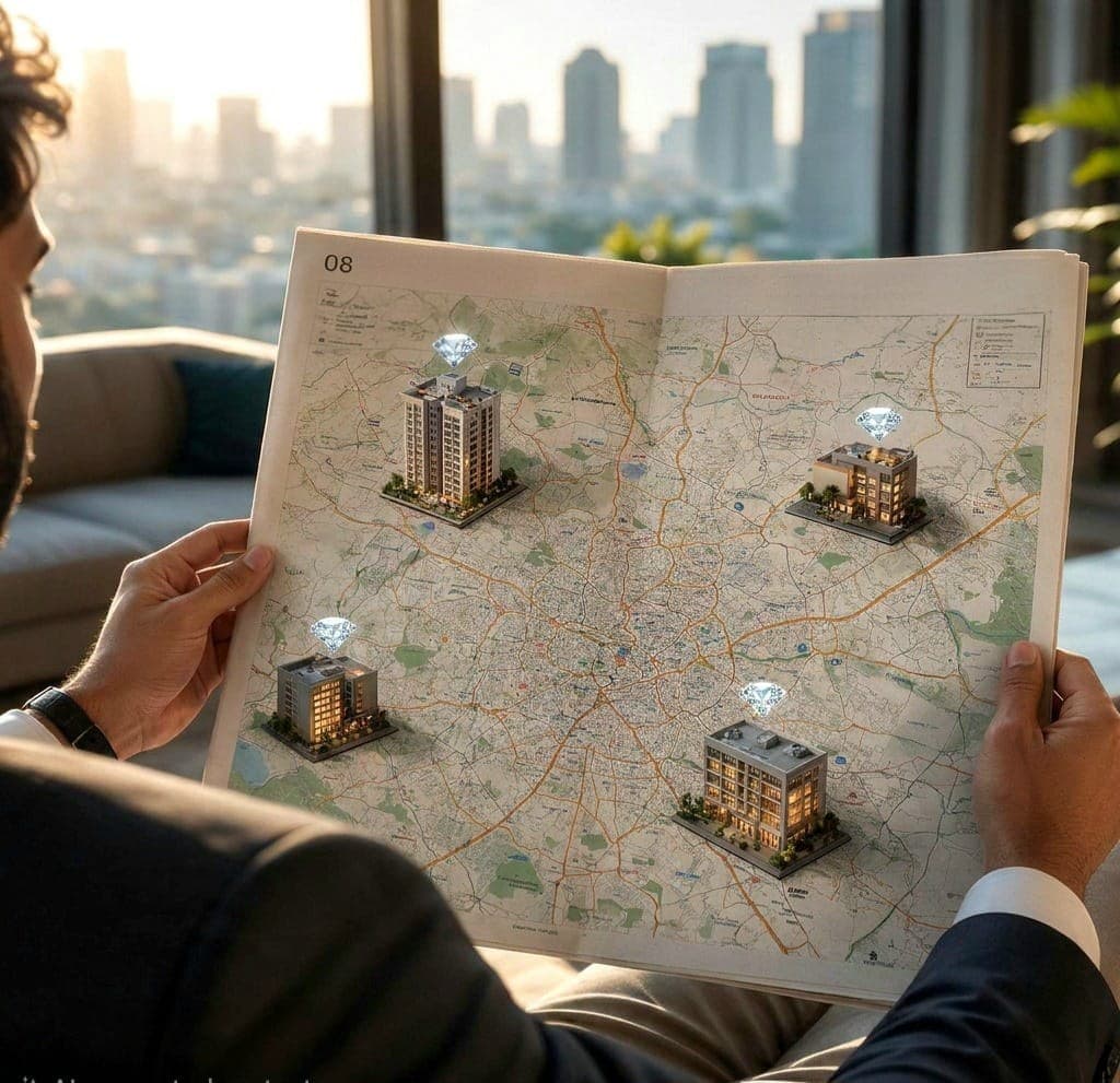 A man in a suit holding open a printed map of Bengaluru, four small model buildings standing on it where the projects are, the city skyline soft behind the window