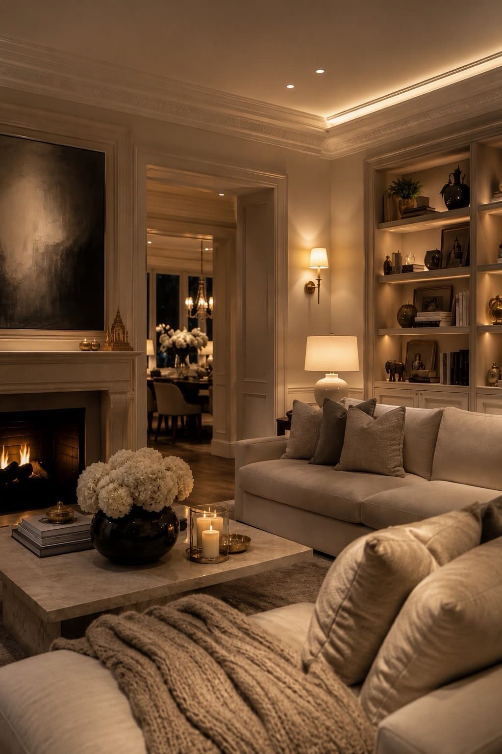 Living room of a completed Vijaya home in the evening, a fire in the hearth, lit shelves behind the sofa and the dining room through the doorway