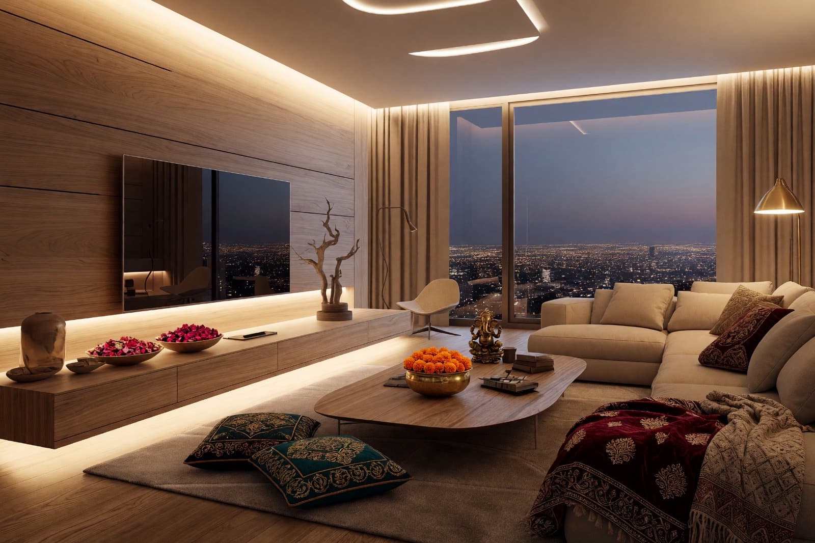 A warmly lit living room at dusk, floor-to-ceiling glass open to the city lights, with a Ganesha idol, marigolds and embroidered cushions