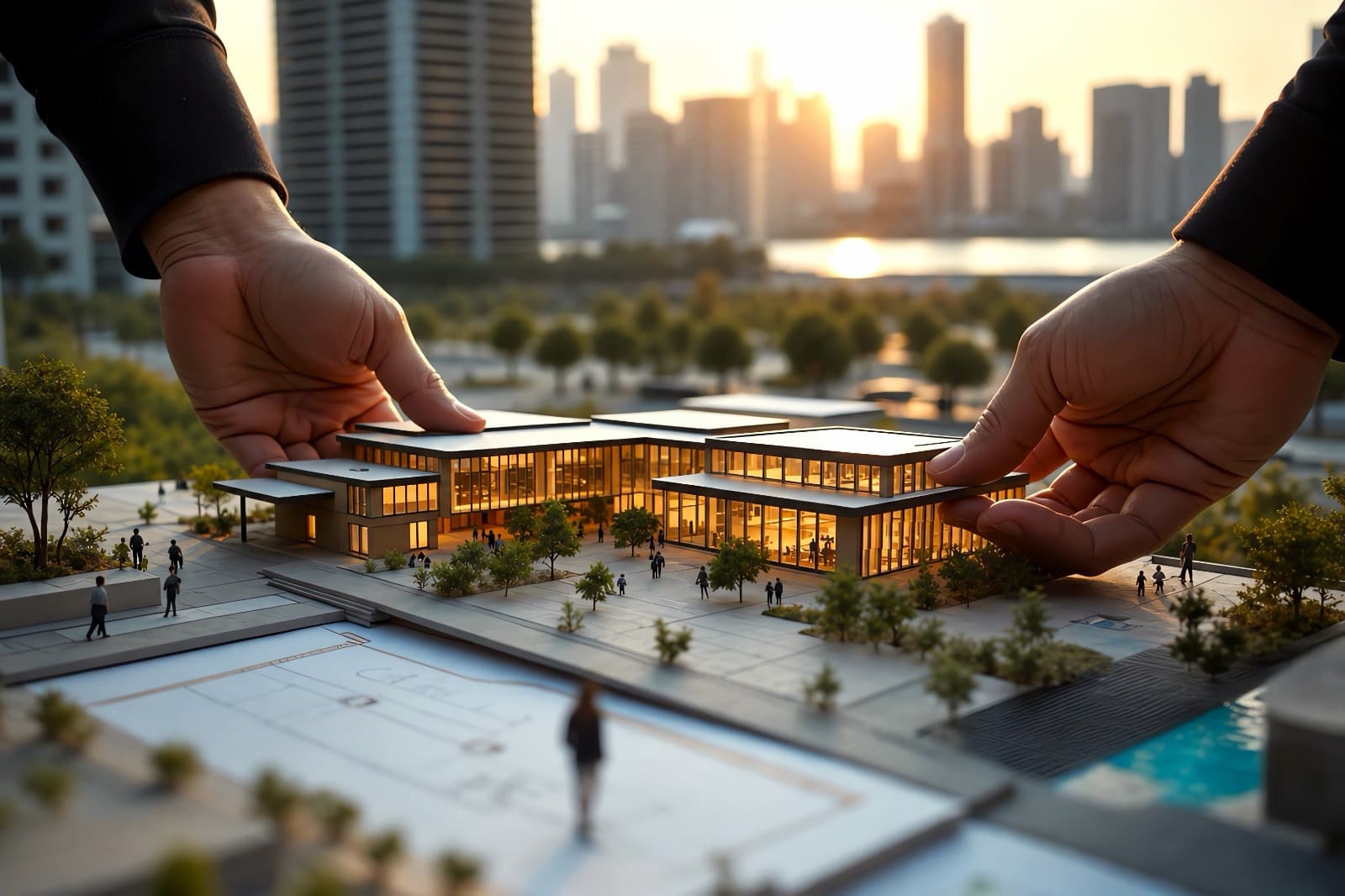 Two hands lowering a lit scale model of a low-rise building onto a site plan, the city skyline behind it at sunset