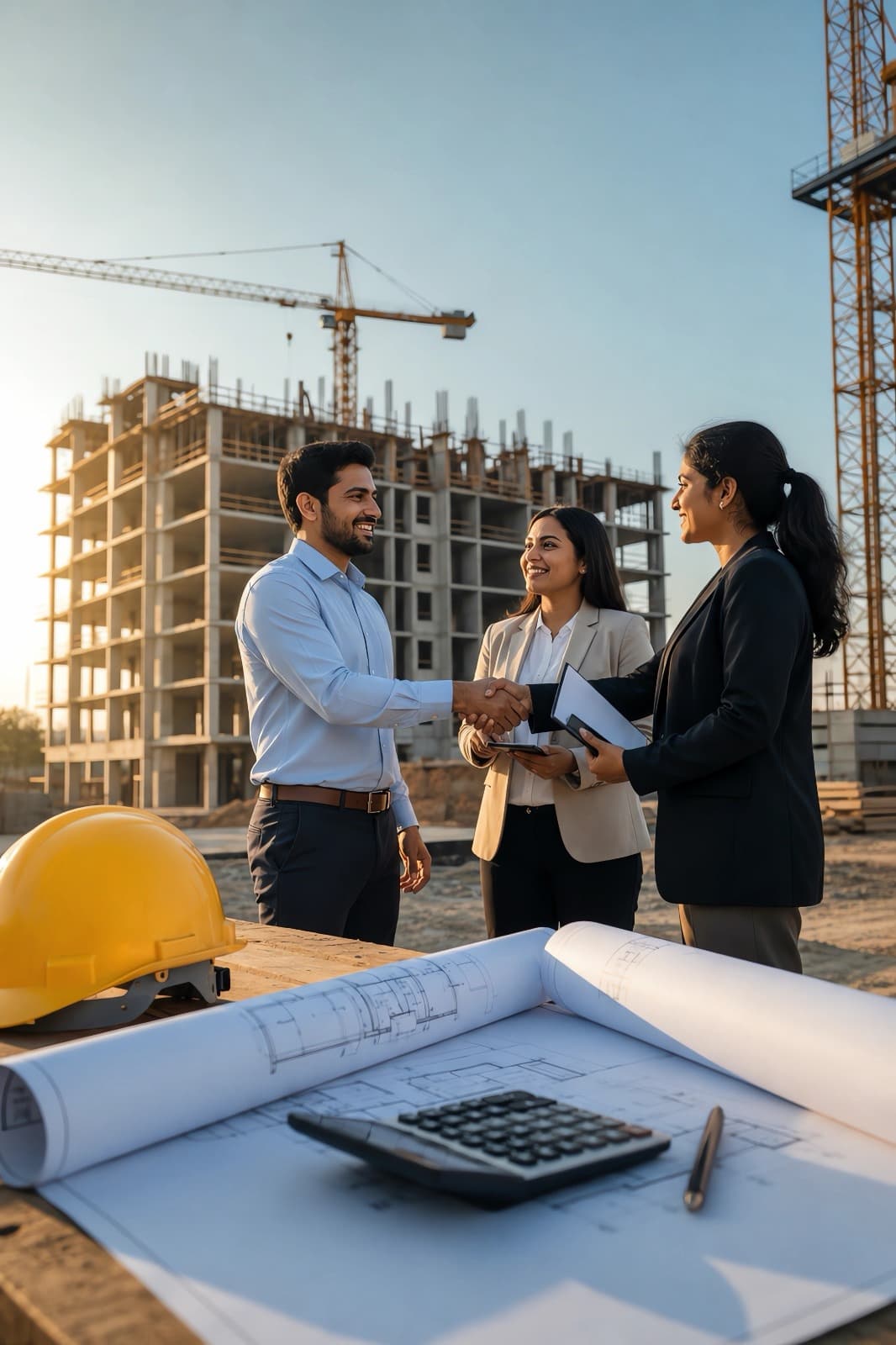 Two colleagues greeting a client with a handshake on a construction site, a concrete frame and tower cranes behind them and drawings, a hard hat and a calculator on the table in front