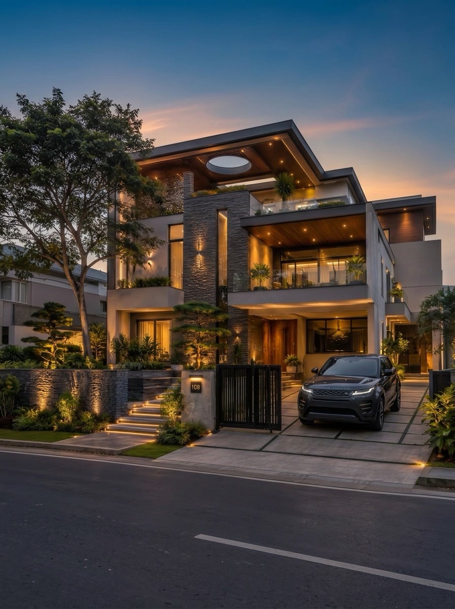 A completed private residence at dusk seen from the street, stone and timber with the rooms and the planting lit and a car standing outside